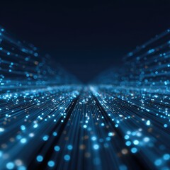 Abstract digital network, glowing blue and light orange particles, lines stretching into the distance