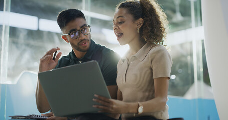Laptop, happy and web developers in office with discussion for troubleshooting online problem...