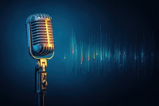 Retro microphone against a dark, abstract audio wave background