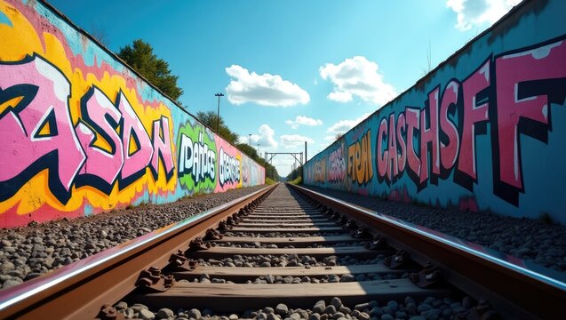 Colorful graffiti art adorns a railway wall. - Powered by Adobe