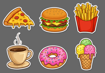 Cartoon Food Stickers Set: Pizza, Burger, Fries, Coffee, Donut, Ice Cream - Fun Vector Clipart for Kids and Designs