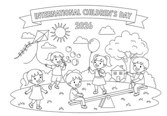 Obraz premium Happy Children Playing Outdoors: Black and White Line Art Illustration for International Children's Day 2026