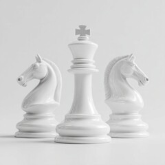 Image of three white chess pieces, two knights on the sides and the king in the center. The knights look outwards. The pieces are shiny and have a white background.