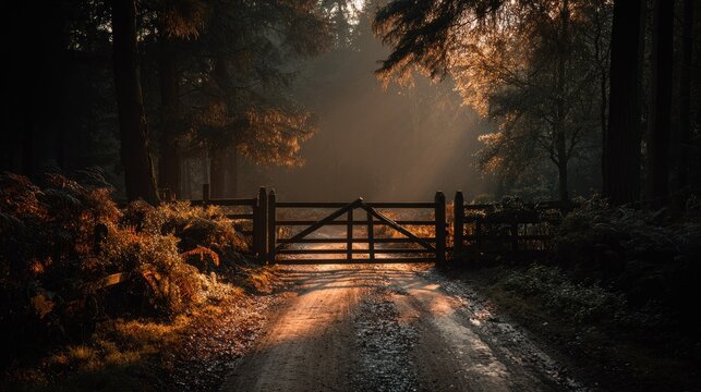 Sunlit forest path leads to wooden gate