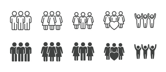 People icons set. Editable stroke. Thin line and glyph solid icon series.
