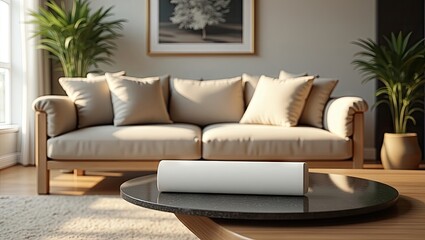Light beige sofa and round coffee table with a white object.