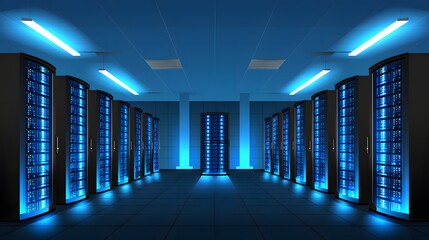 A long hallway view of a server room with glowing blue lights and racks, symbolizing data centers and cloud computing

