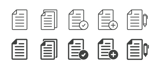 Document icons set. Editable stroke. Thin line and glyph solid icon series.