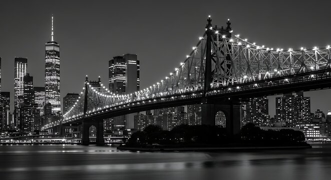 Dramatic monochrome skyline showcasing the iconic Ed Koch Queensboro Bridge at night