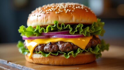 Double Cheeseburger with Melted Cheddar and Red Onion, Classic American Double-Patty Burger, Juicy Stacked Cheeseburger with Crisp Lettuce, Gourmet Double Burger with a Side of Fries
