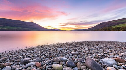 Visually striking product photography, commercial poster of a colorful lake, balanced composition with ample copy space for text, advertising background, vermilion lake with a calm sunset