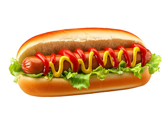 Close-up of hot dogs with toppings, American street food concept, hyper-realistic, isolated on white background