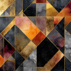 Bauhaus square and triangle pattern with metallic gold edges and watercolor textures