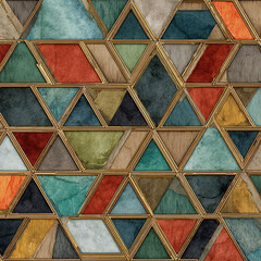 Bauhaus square and triangle pattern with metallic gold edges and watercolor textures