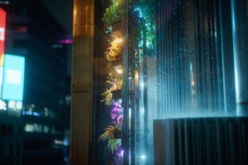 Fototapeta premium Abstract vertical lines of colorful bokeh lights in a city at night