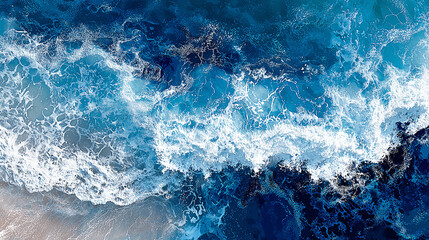 Aerial view of vibrant ocean waves crashing onto a sandy beach under bright sunlight