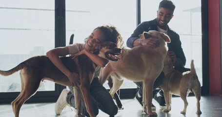 Hug, adoption center and couple with dogs for bonding, companion and care at sanctuary. Animal shelter, rescue and happy man with woman for foster pets, volunteering and community service at kennel