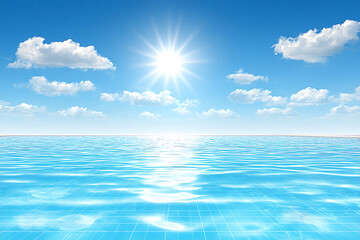 Bright sunny day over tranquil blue ocean with gentle waves and scattered clouds