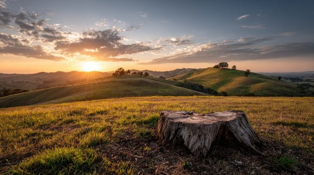 Sunrise over rolling hills, lonely tree stump, golden hour, tranquil landscape
