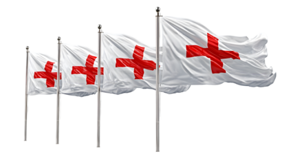 A row of white flags with red crosses waving in the wind against a black background in a studio shot