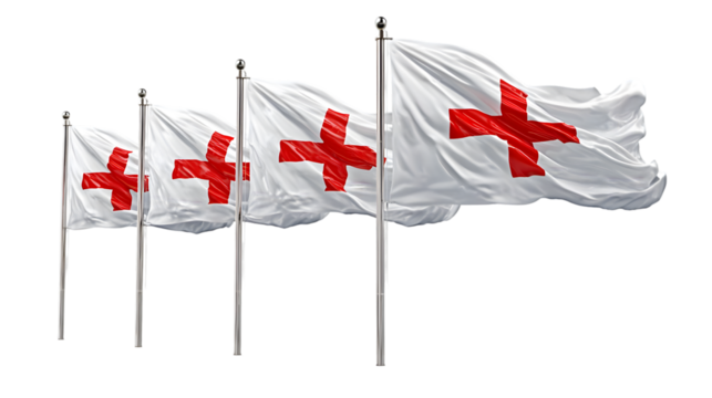 A row of white flags with red crosses waving in the wind against a black background in a studio shot