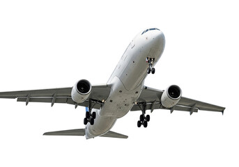A commercial aircraft flying with its landing gear extended, viewed from below on a transparent surface.