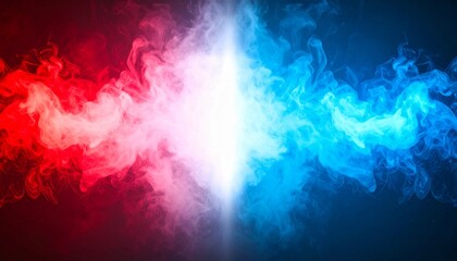 赤と青の煙が中央でぶつかる幻想的な対峙シーン　対決　VS 　赤と青の煙