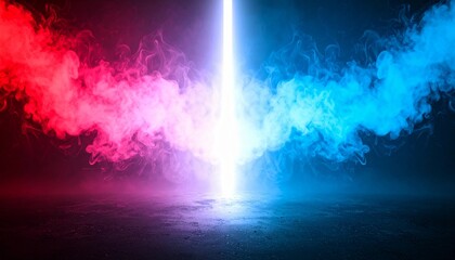 赤と青の煙が中央でぶつかる幻想的な対峙シーン　対決　VS 　赤と青の煙