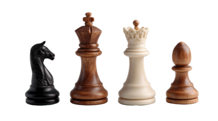 Chess Pieces in Formation: An elegant collection of chess pieces stands ready for strategic gameplay, with the knight, king, queen, and pawn.
