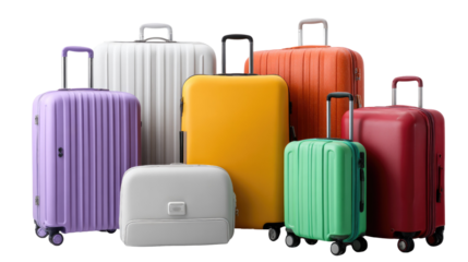 Travel Luggage: A collection of colorful suitcases, ready for a journey, showcasing diverse shapes and vibrant hues, reflecting a spirit of travel and exploration.
