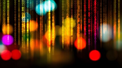 Abstract digital binary code pattern with colorful bokeh lights.