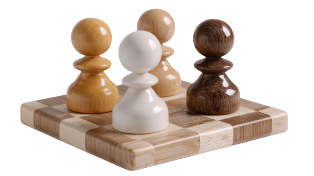 Chessboard and Pawn: A strategic display of pawn pieces on a chessboard, each with a unique wooden finish, ready for the next move in a game of intellectual skill and strategy.