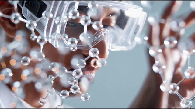 Close-up of a researcher examining molecular structures in a lab setting during daylight hours