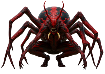 Demonic Spider Creature with Red Armor and Menacing Claws in Dark Background