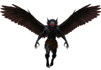 Demonic winged creature with menacing red eyes and dark fur with expansive wings in a black