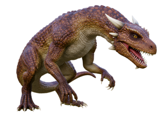 Detailed digital rendering of a fierce dinosaur creature with horns and sharp teeth standing