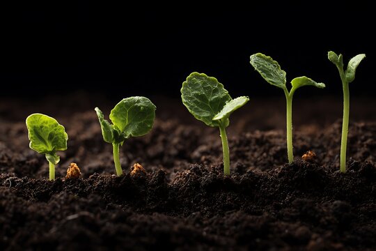 Sprouts emerging in four stages on dark soil background  
