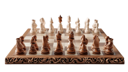 Chessboard Showdown: A detailed shot of a chessboard, where each wooden piece is meticulously arranged. It depicts a strategic game where intelligence is the most important aspect.