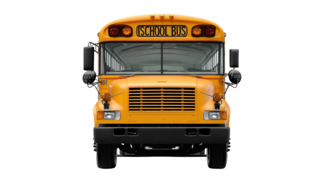 Yellow School Bus Front View: A quintessential yellow school bus stands at attention, ready for its next route, captured with a front-facing perspective showcasing its iconic design and purpose.