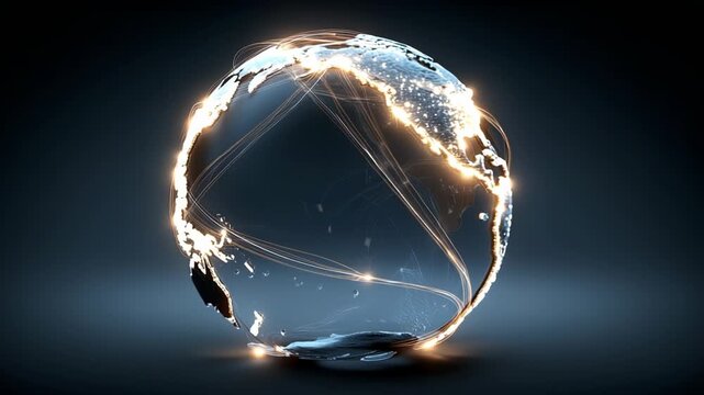 A 3D representation of Earth showcases illuminated pathways connecting various locations. The globe spins slowly, highlighting major continents and cities with bright lines denoting interaction.