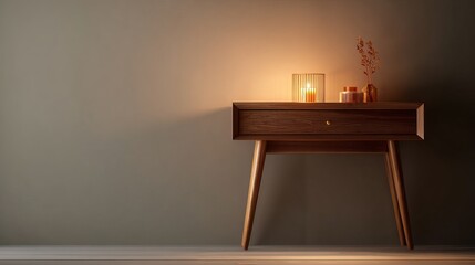 A cozy wooden console table with candles and decorative items, illuminated softly for a warm ambiance.