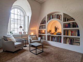 Cozy reading nook with arched window and built in bookshelves filled with books