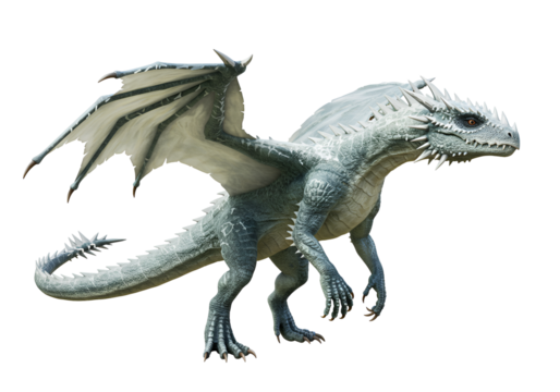 Detailed white dragon with intricate scales and massive wings on a black background