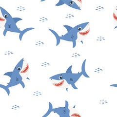 Seamless vector pattern. Cute shark on white background . Vector illustration