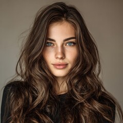 Naklejka premium Portrait of a beautiful young woman with long, wavy brown hair looking at the camera confidently