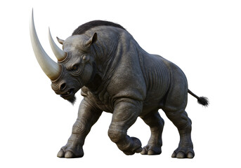 Obraz premium Digital rendering of a formidable rhinoceros with exaggerated features on a black background