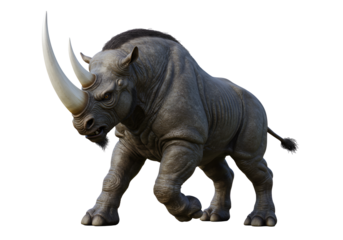 Digital rendering of a formidable rhinoceros with exaggerated features on a black background