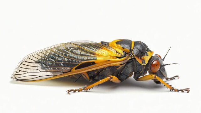 Cicada resting, showing yellow & black patterned body and veined wings, isolated on white