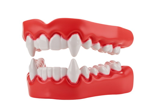 Digital rendering of a fearsome set of vampire teeth with sharp fangs and gums on a black background
