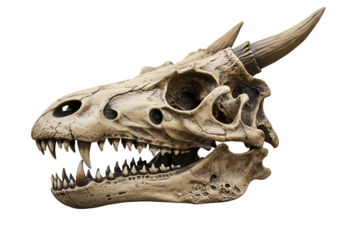 Dinosaur skeleton skull with horns and teeth displayed on black background
